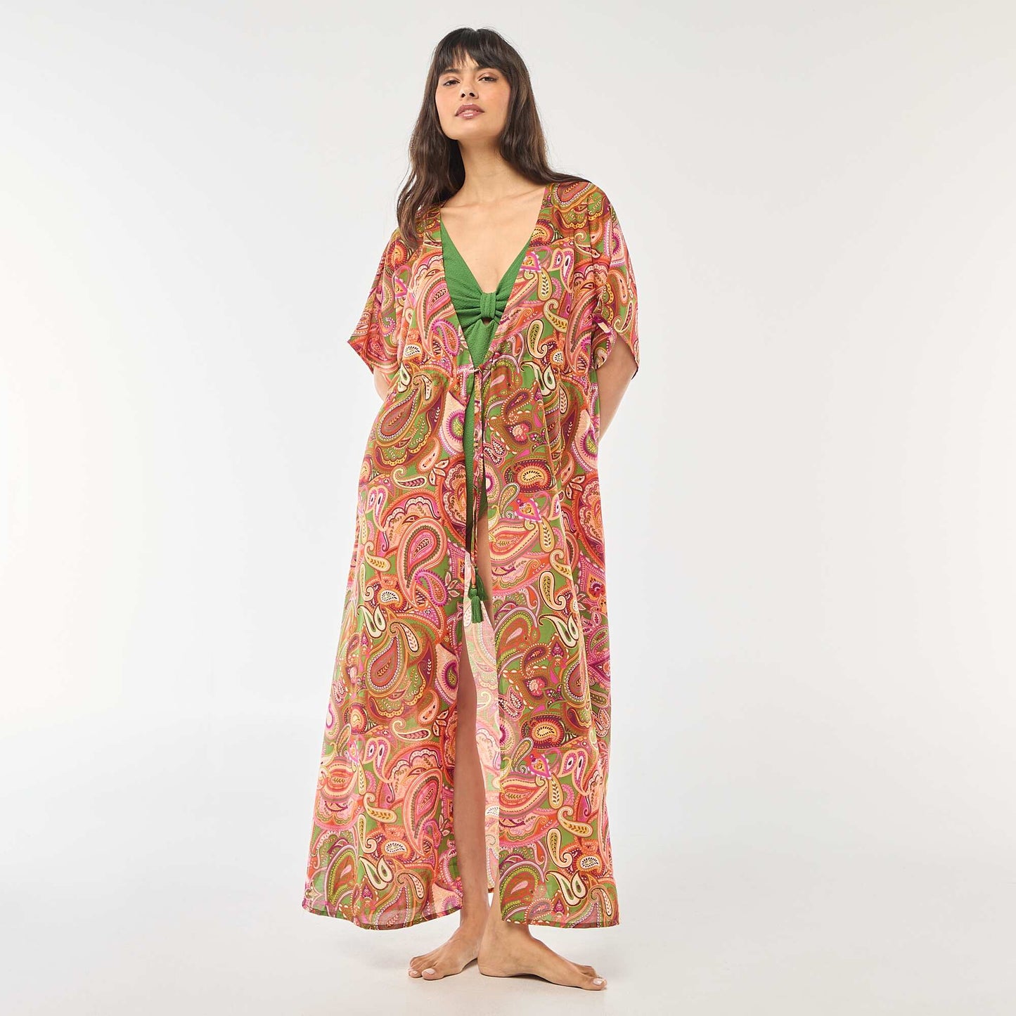 Robe de plage longue imprimée cachemire VERT/ROSE