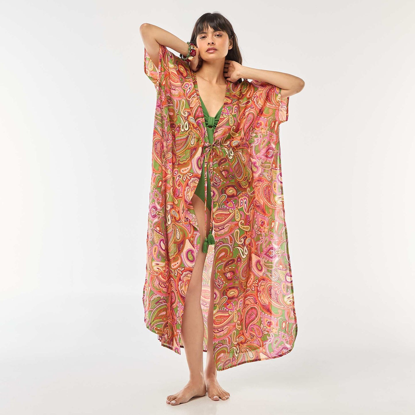 Robe de plage longue imprimée cachemire VERT/ROSE