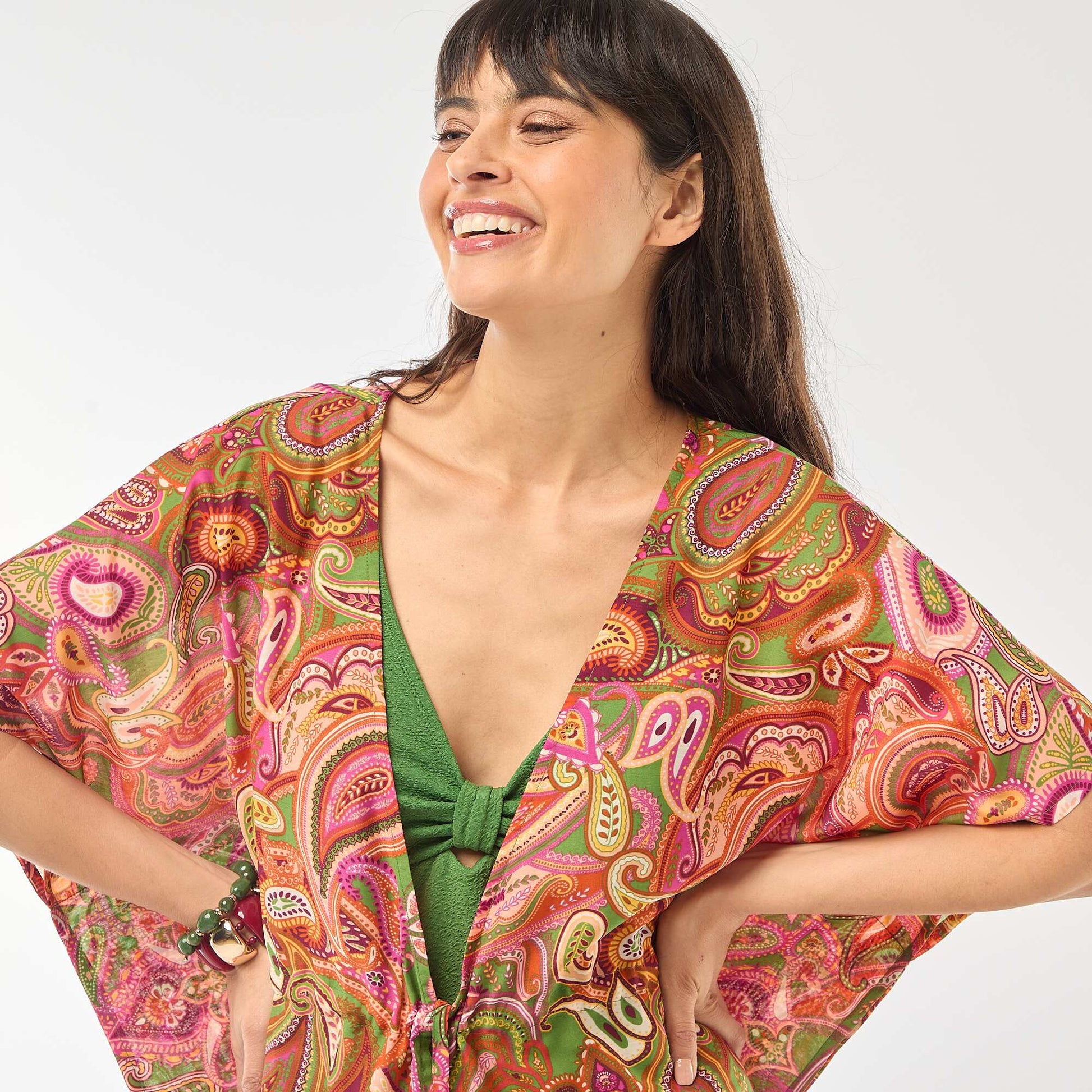 Robe de plage longue imprimée cachemire VERT/ROSE