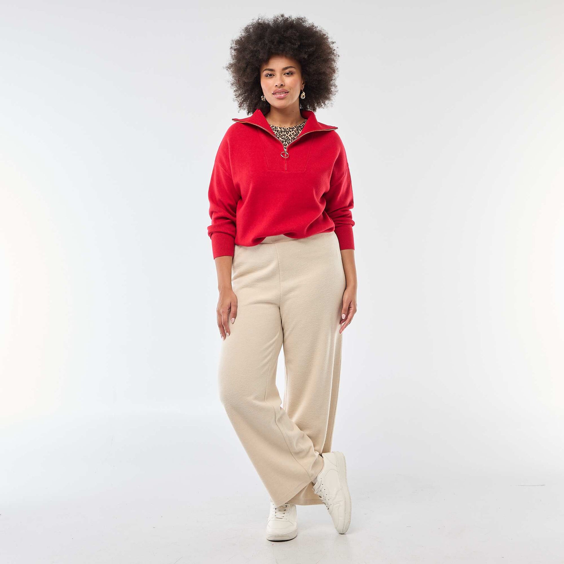 Pantalon confort en maille côtelée BEIGE