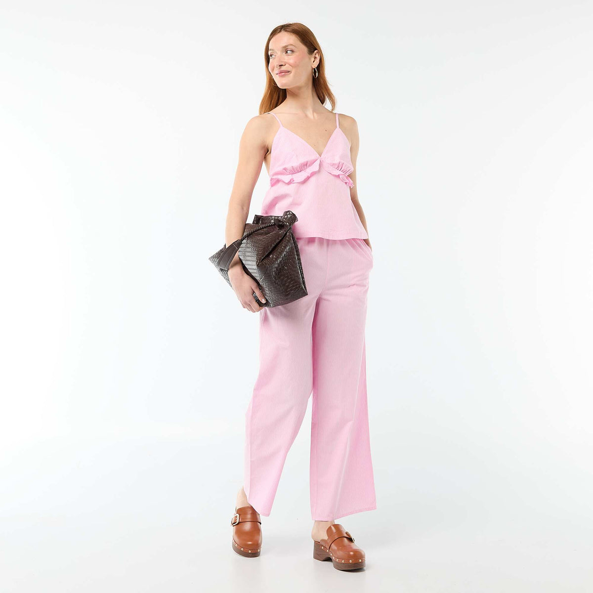 Pantalon large femme en lin imprimé BLANC
