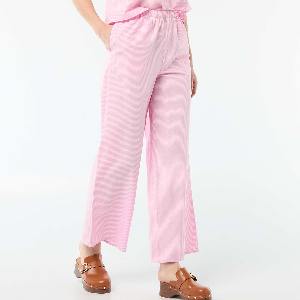 Pantalon large femme en lin imprimé BLANC