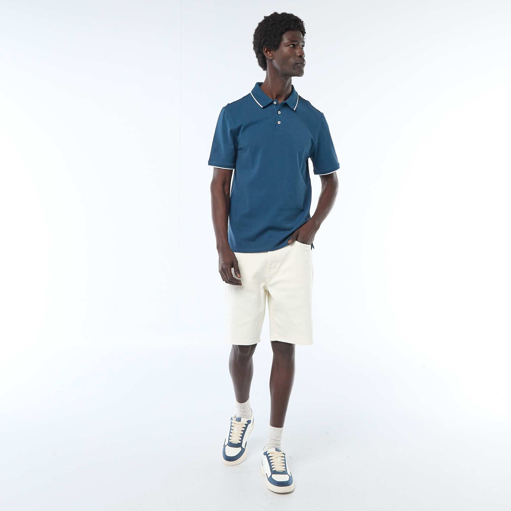 Polo en piqué de coton à manches courtes BLEU