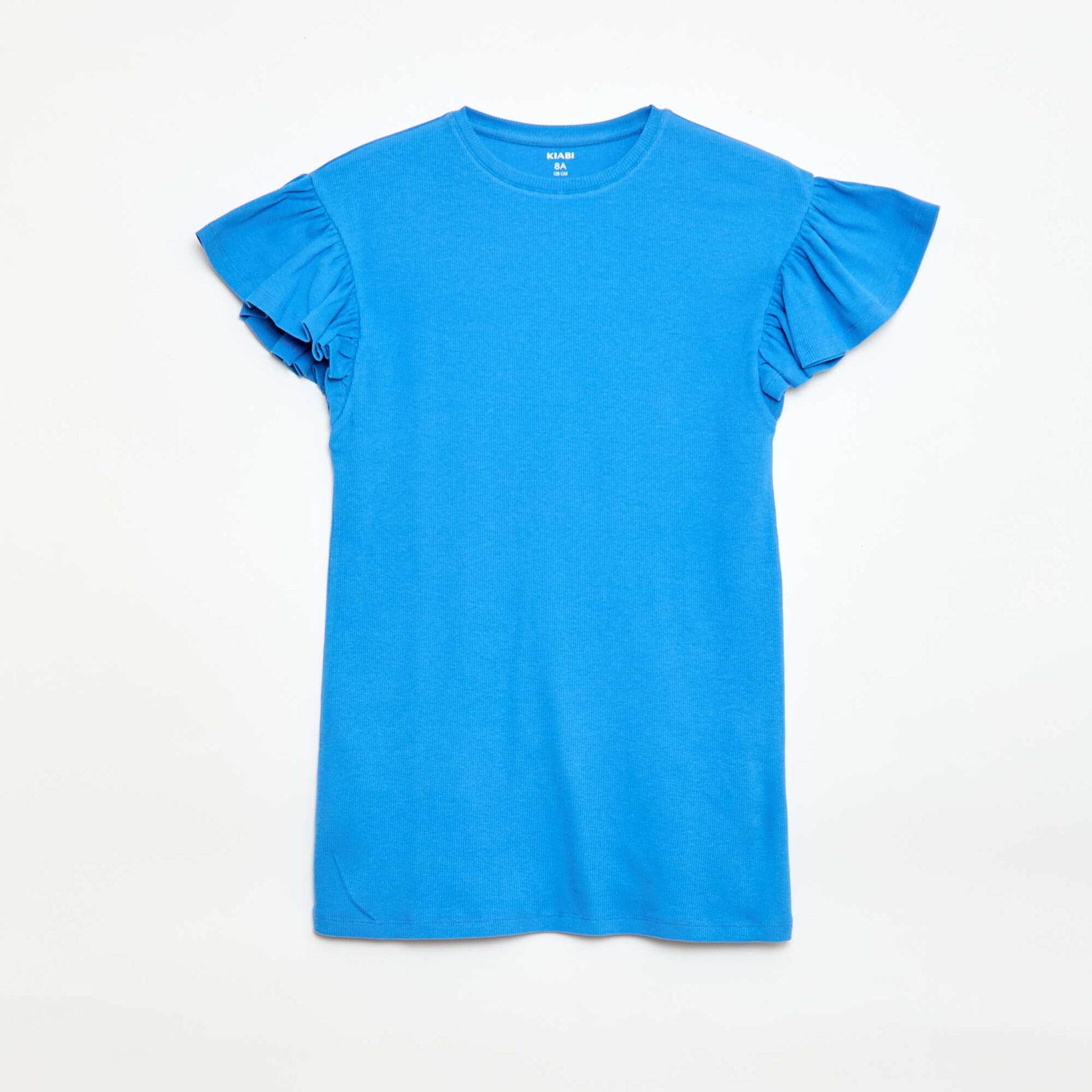Robe droite à manches courtes en matière côtelée BLEU