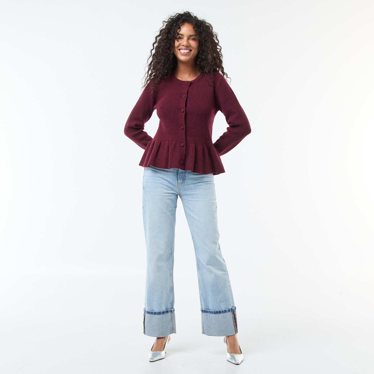 Gilet en maille fine jauge à base volantée ROUGE