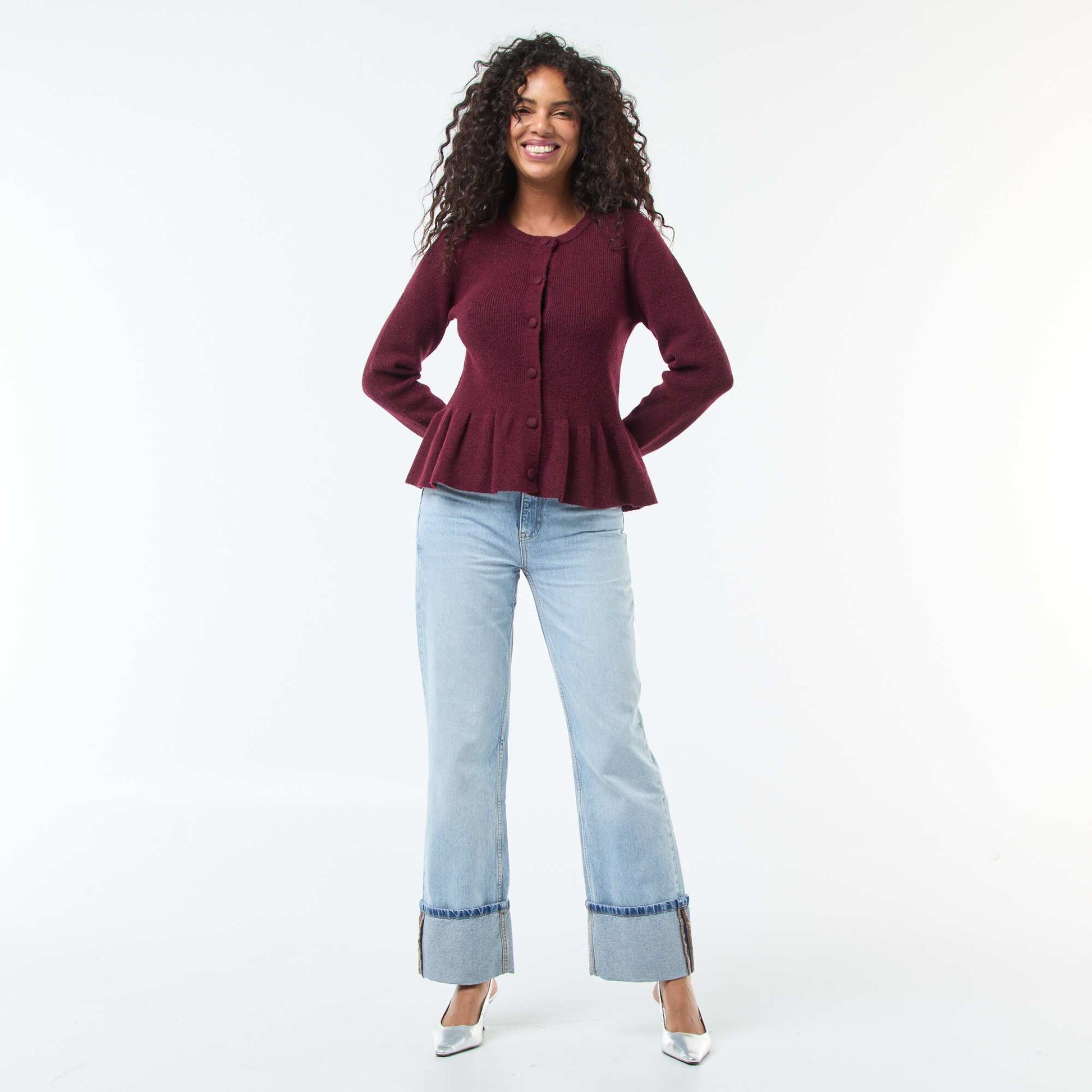 Gilet en maille fine jauge à base volantée ROUGE