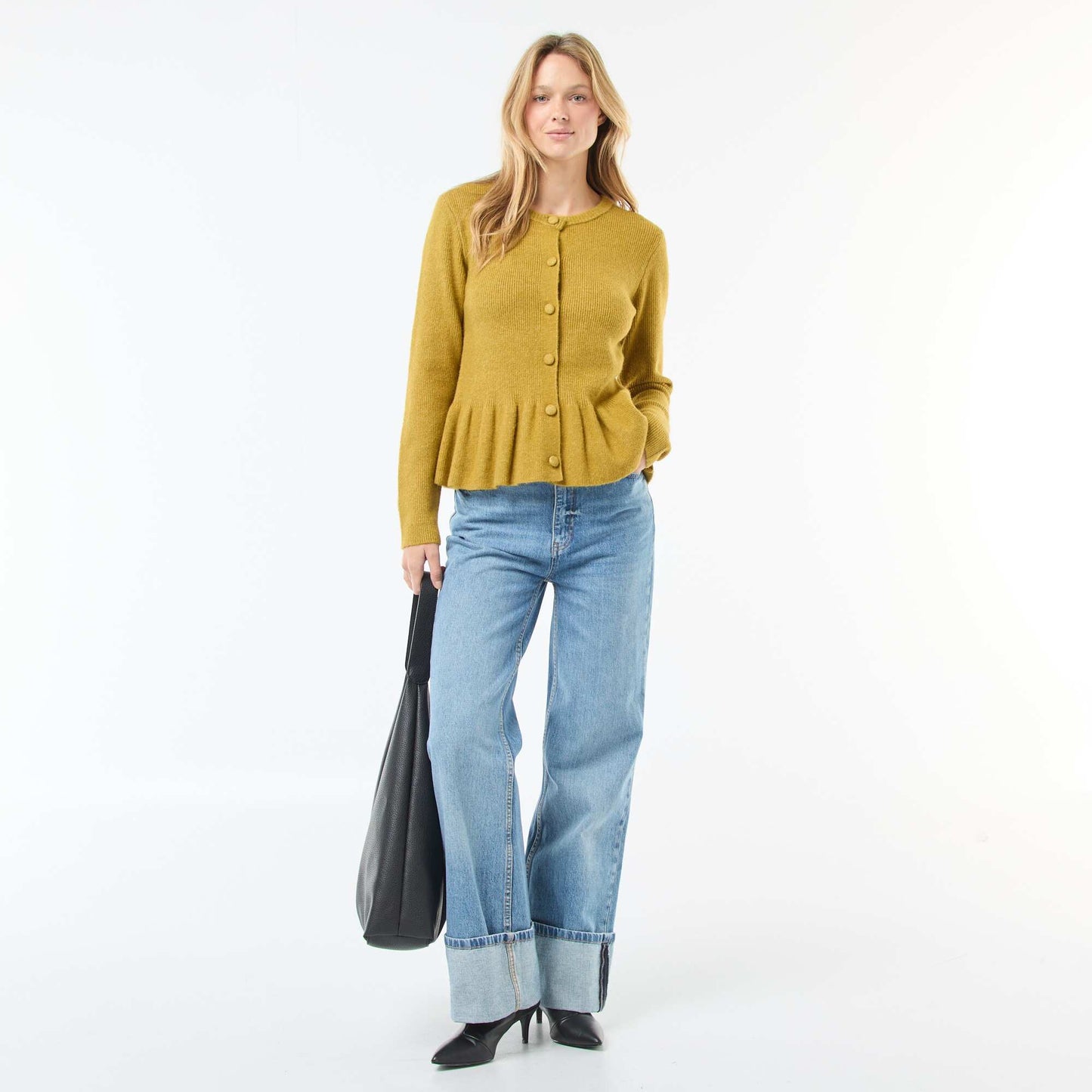 Gilet en maille fine jauge à base volantée VERT