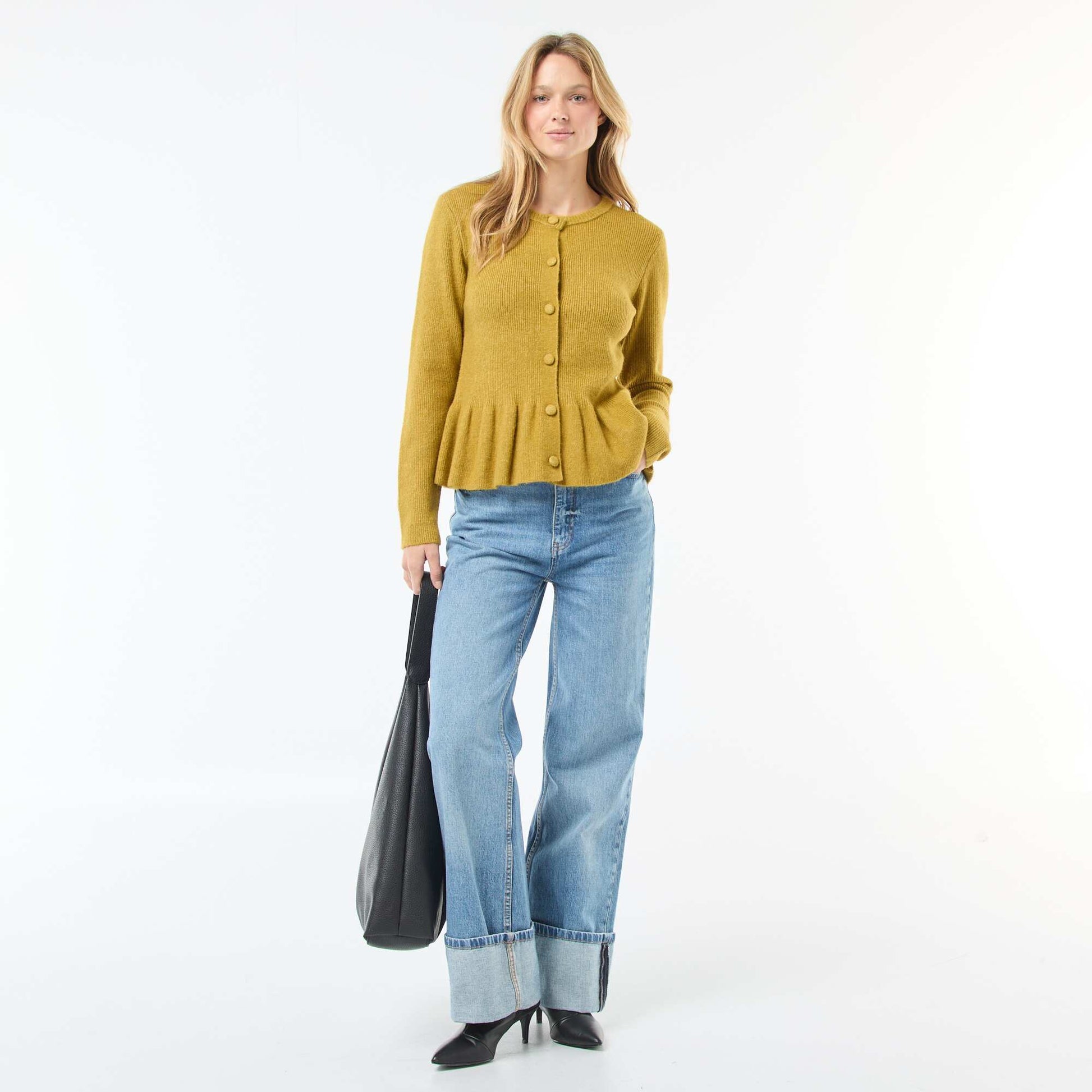 Gilet en maille fine jauge à base volantée VERT