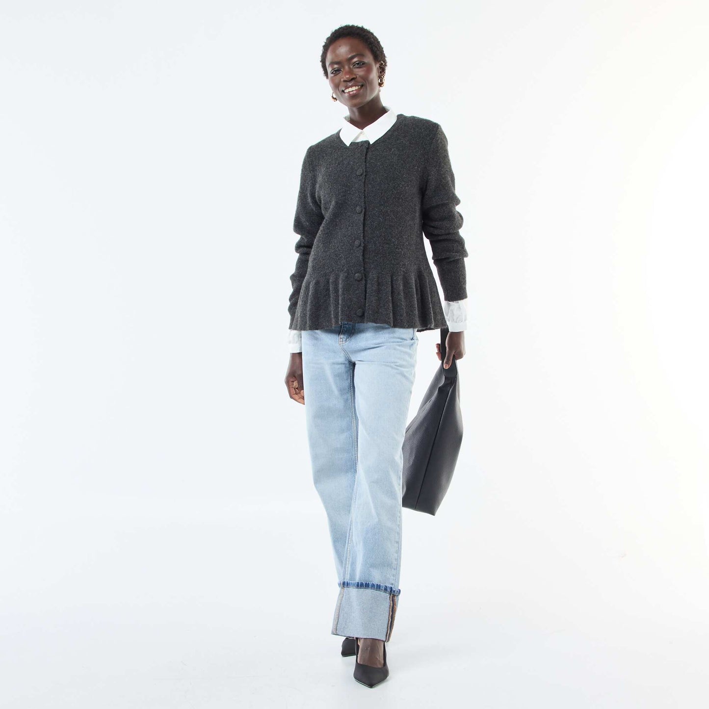 Gilet en maille fine jauge à base volantée GRIS