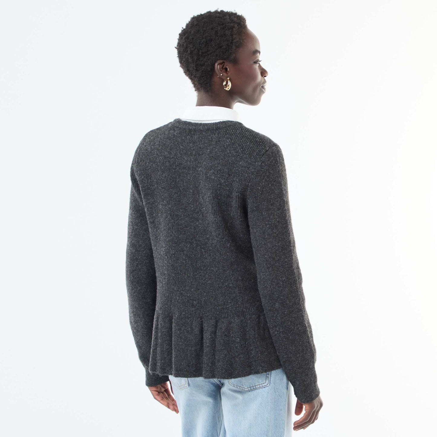 Gilet en maille fine jauge à base volantée GRIS
