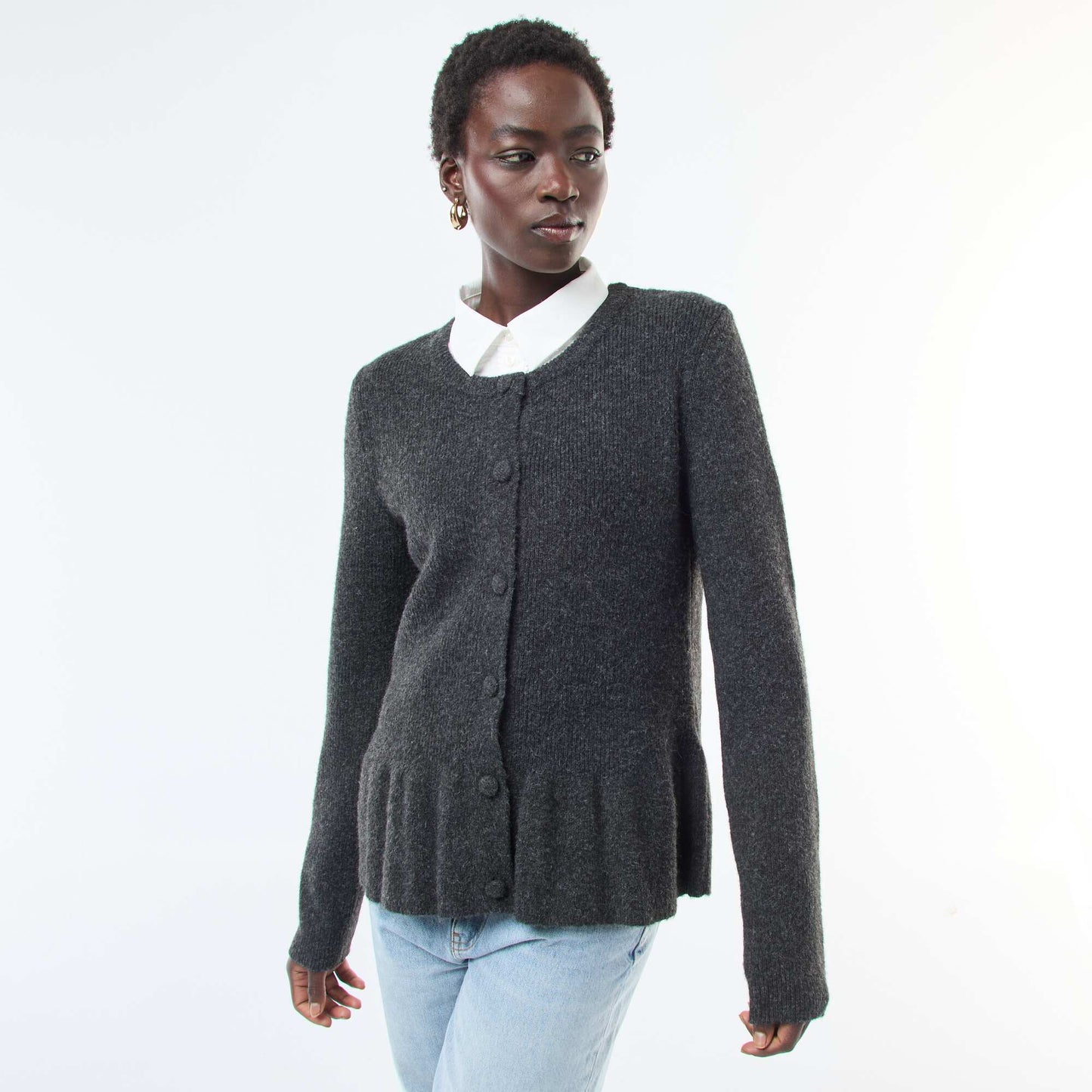 Gilet en maille fine jauge à base volantée GRIS
