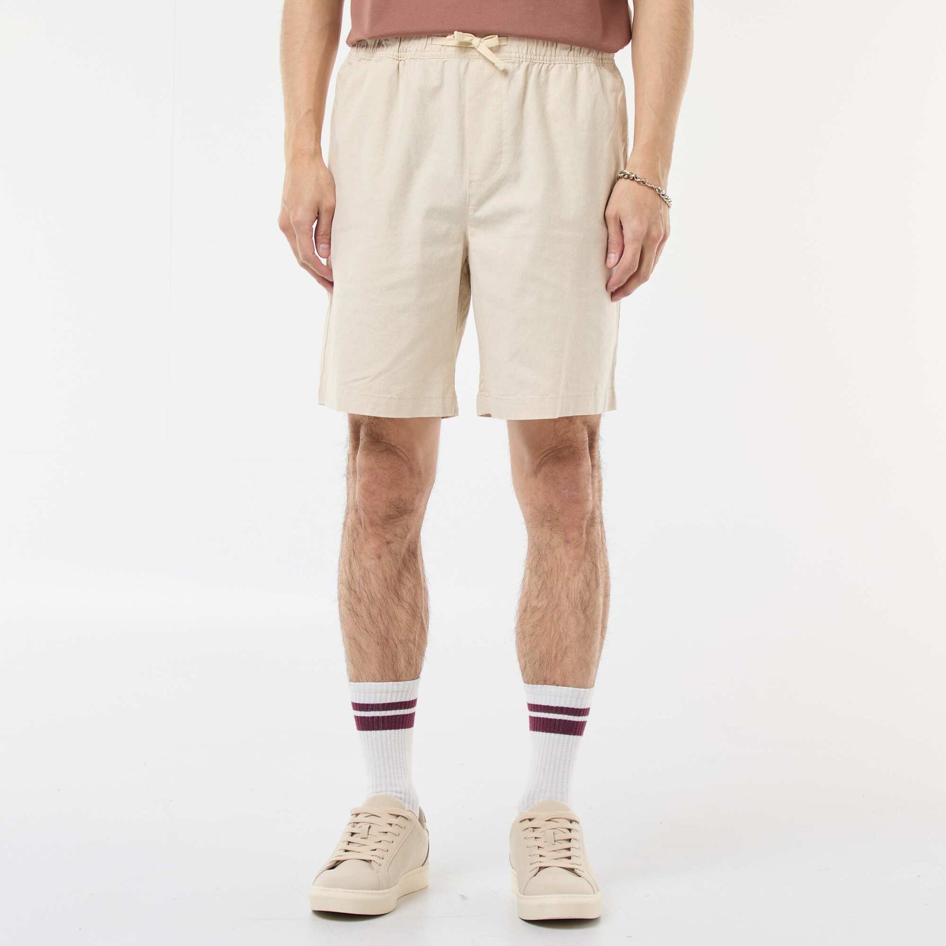 Bermuda uni en coton et lin BLANC