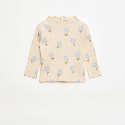 Tee-shirt rib col ondulé BEIGE