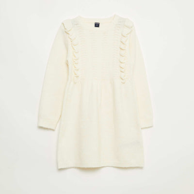 Robe pull avec maille ajourée et volants BLANC