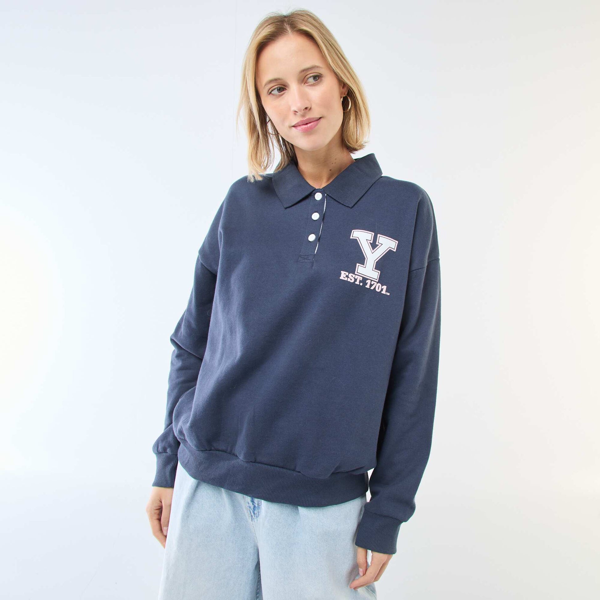 Sweat col polo à manches longues imprimé BLEU