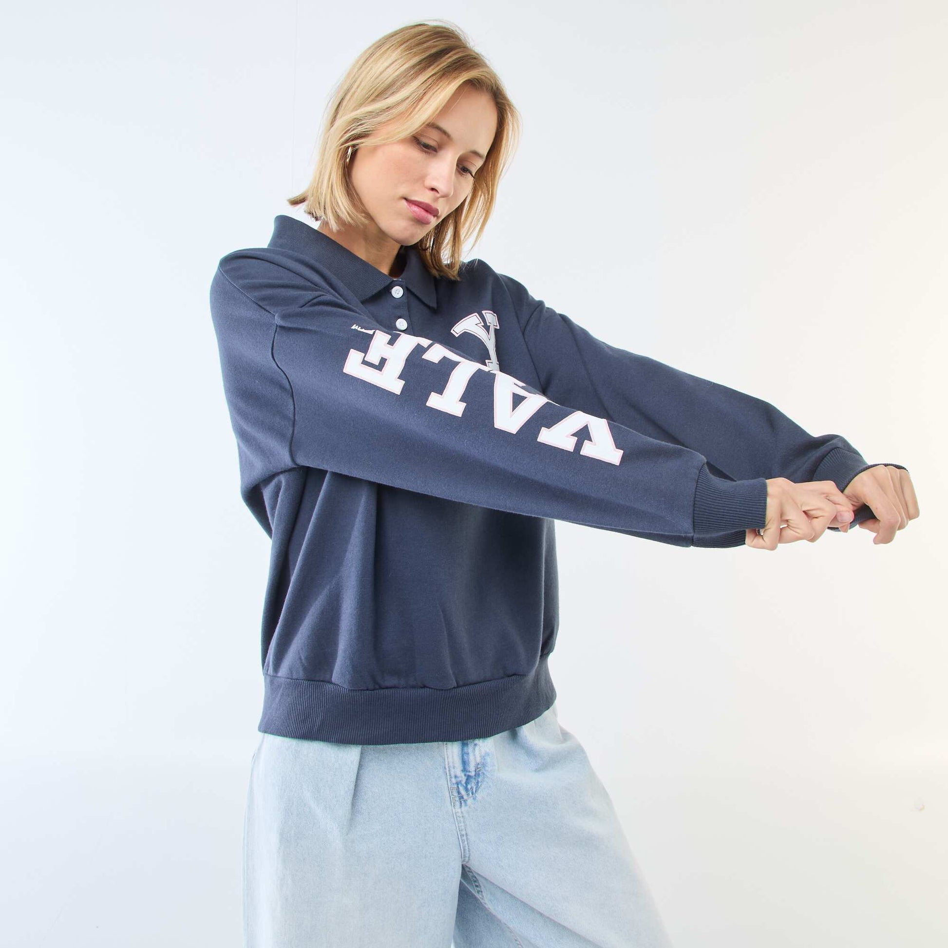 Sweat col polo à manches longues imprimé BLEU