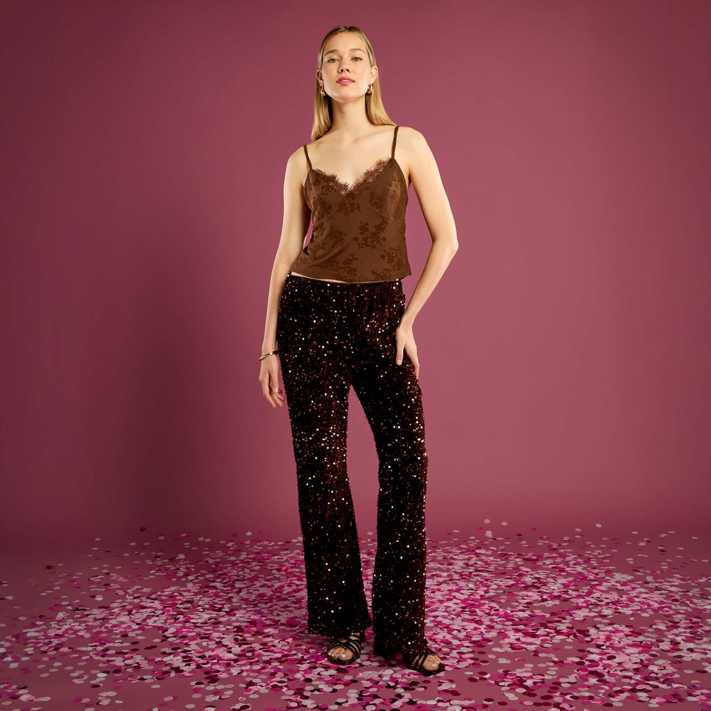 Pantalon flare à sequins MARRON