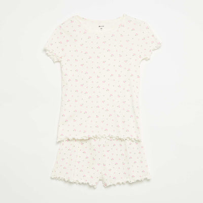 Ensemble de pyjama haut + short en maille côtelée coton BLANC