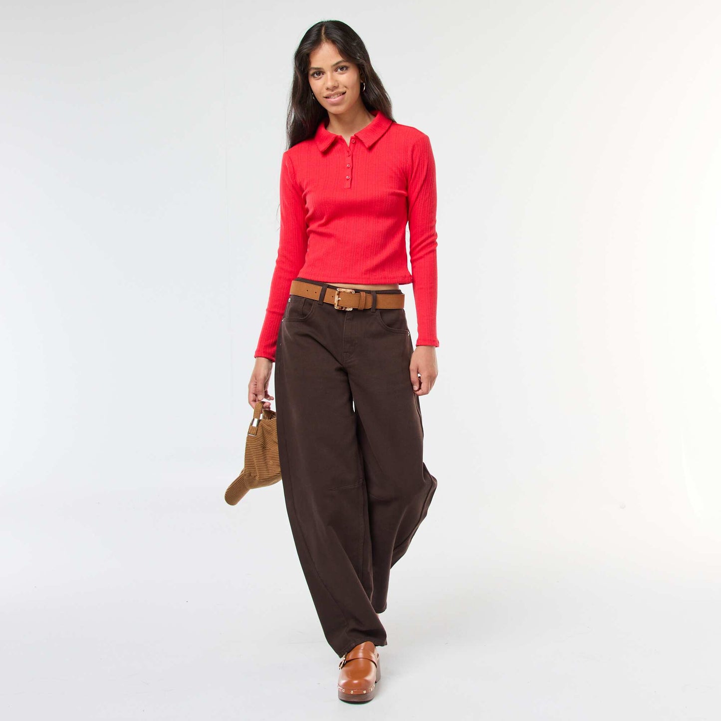 Tee-shirt en maille pointelle  avec col polo ROUGE