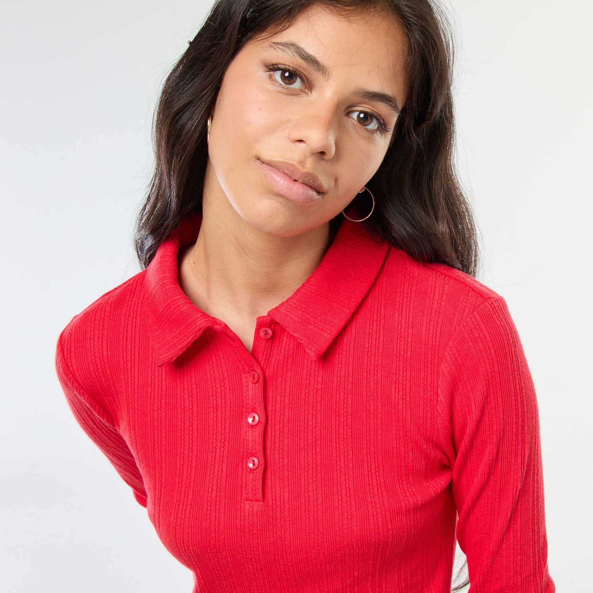 Tee-shirt en maille pointelle  avec col polo ROUGE