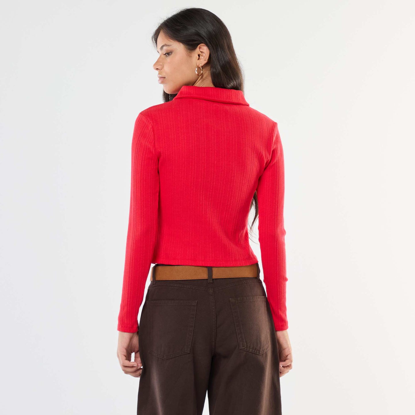 Tee-shirt en maille pointelle  avec col polo ROUGE
