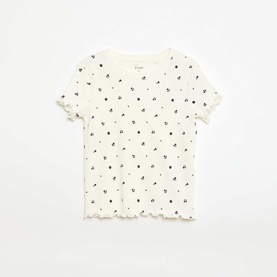 T-shirt côtelé à manches courtes volantées BEIGE