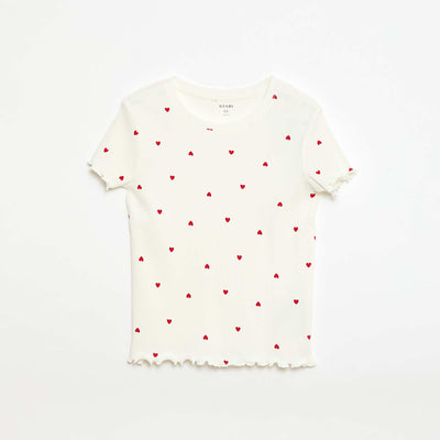 T-shirt côtelé à manches courtes volantées BLANC