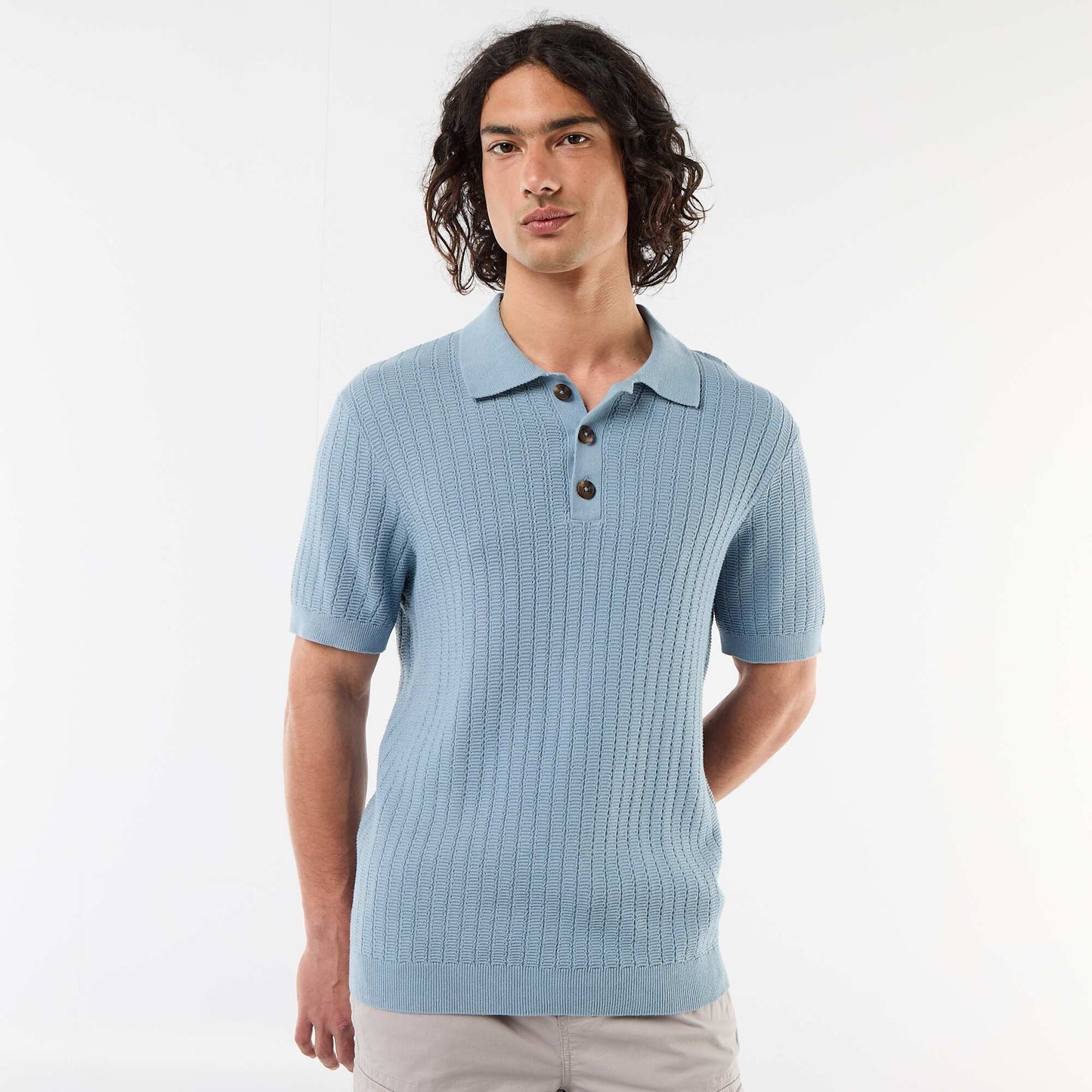 Polo en maille effet tricot BLEU