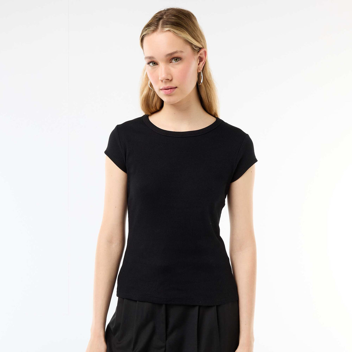 T-shirt en jersey manches courtes côtelé NOIR
