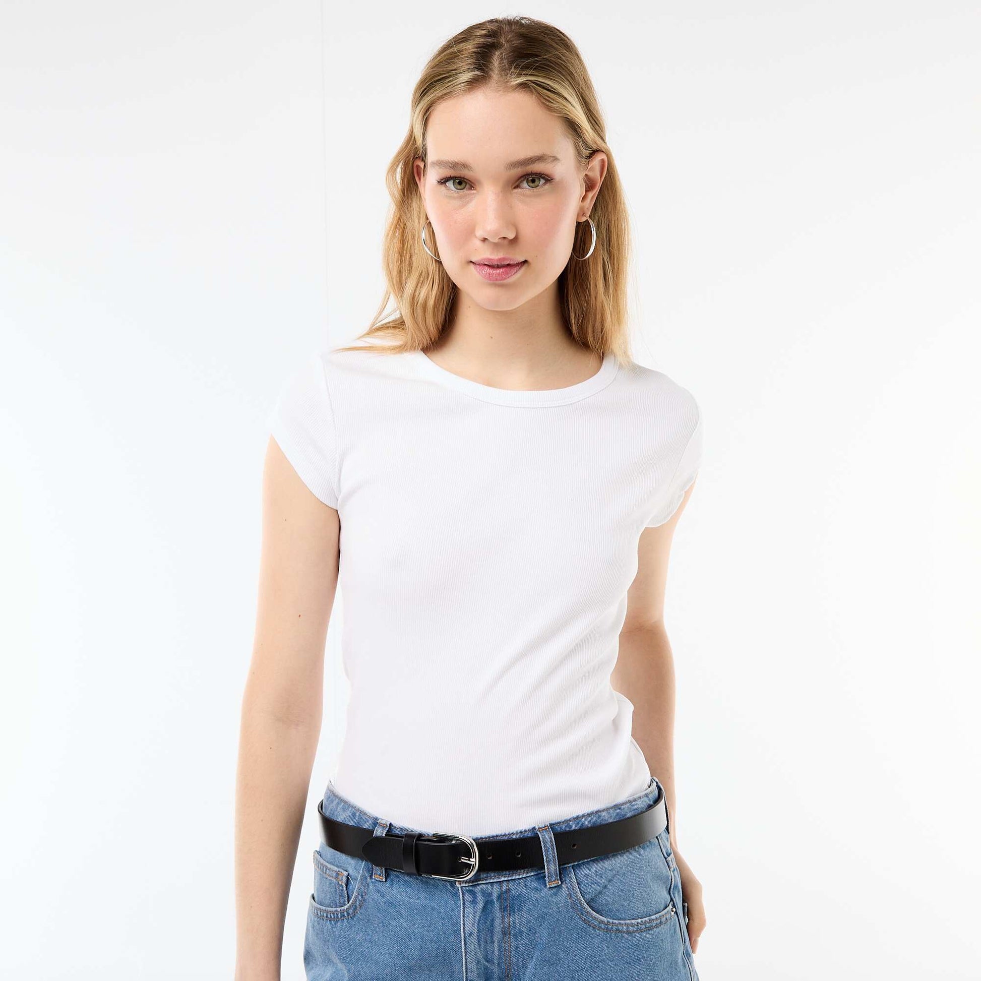 T-shirt en jersey manches courtes côtelé BLANC