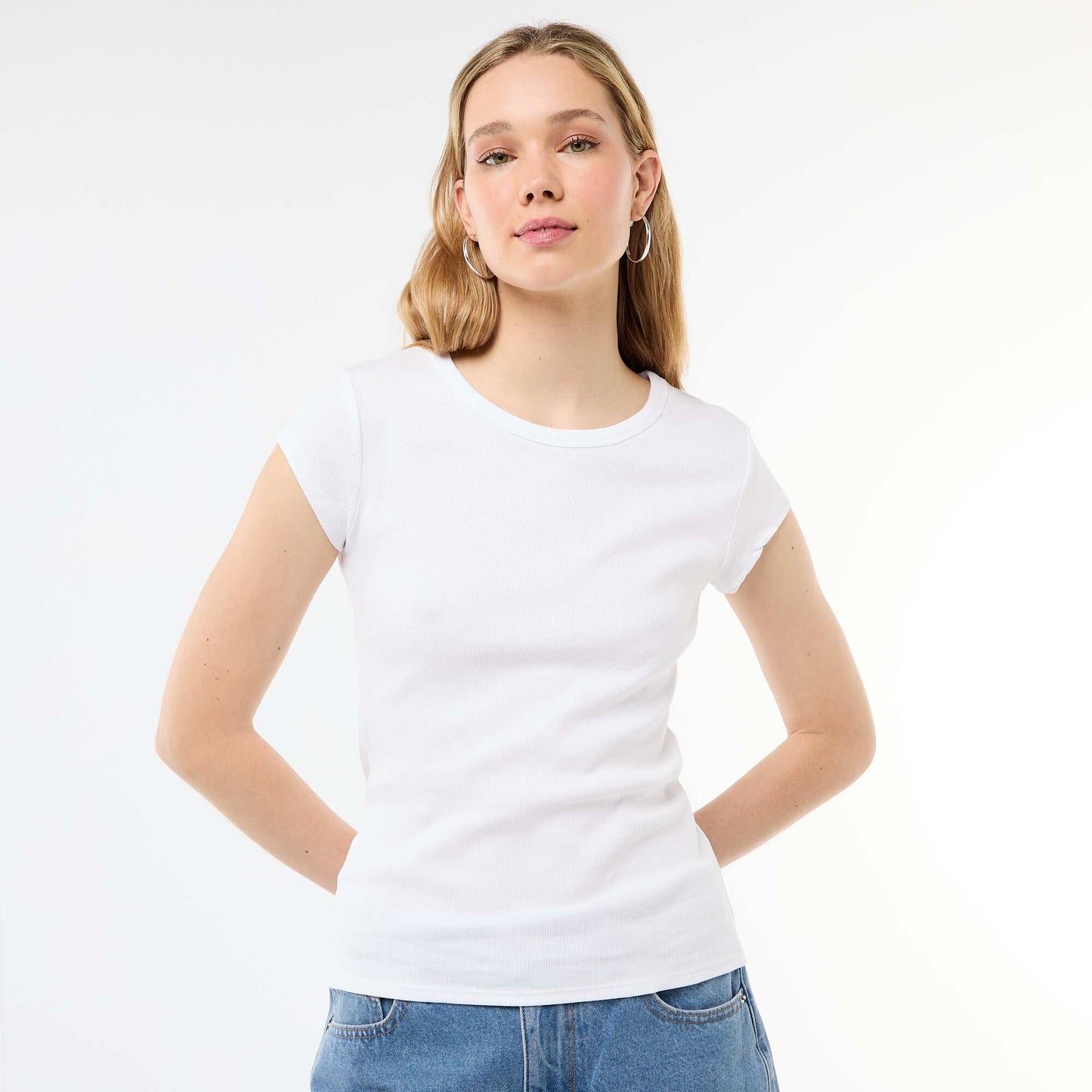 T-shirt en jersey manches courtes côtelé BLANC