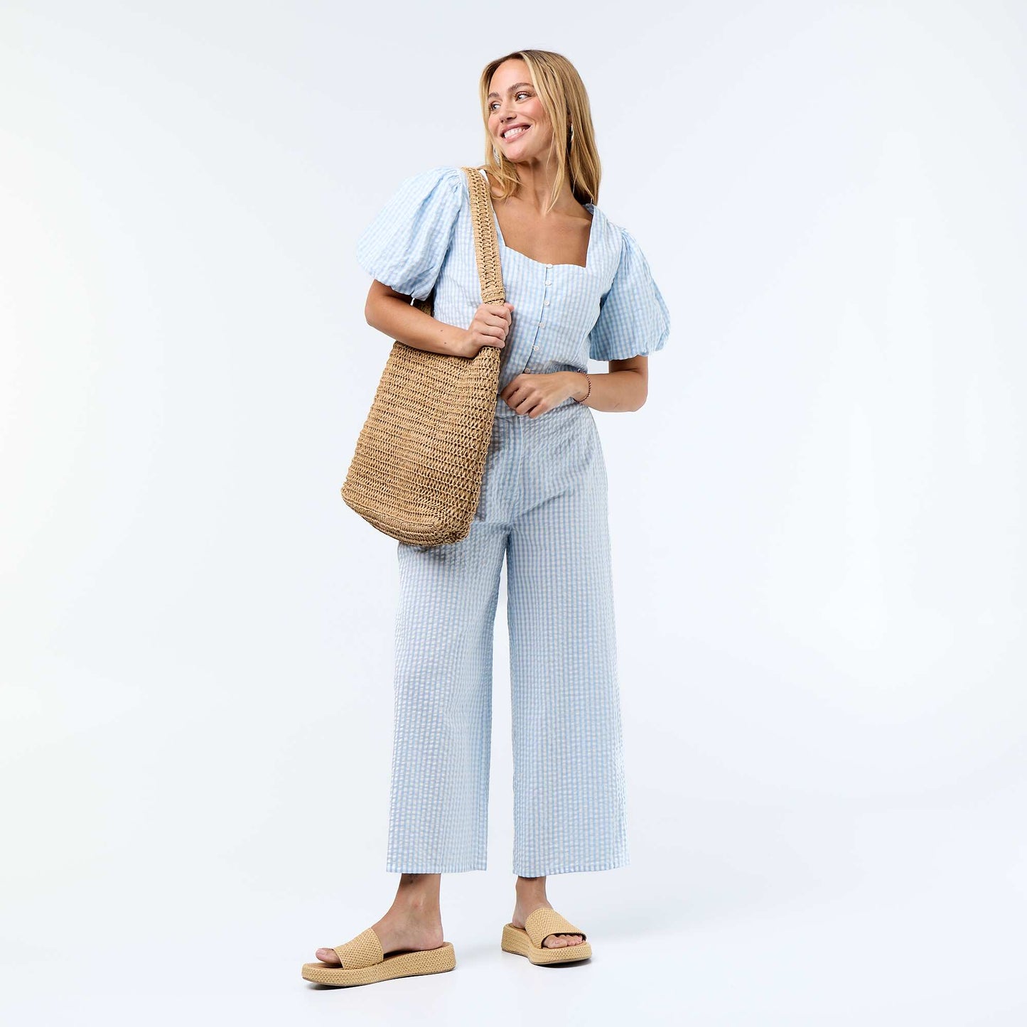 Pantalon large maille gaufrée BLEU