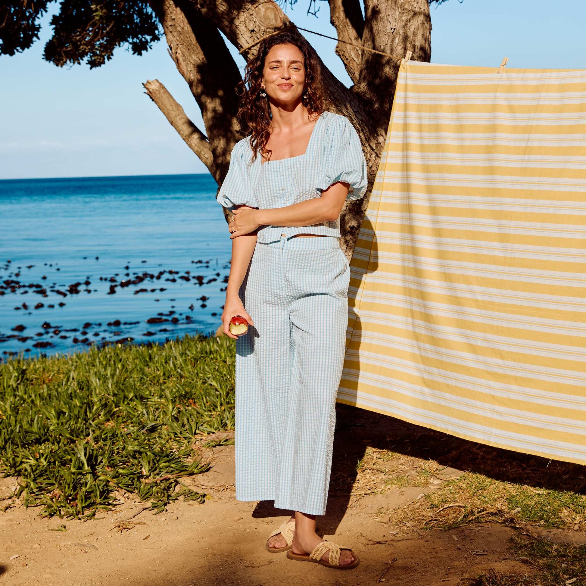 Pantalon large maille gaufrée BLEU