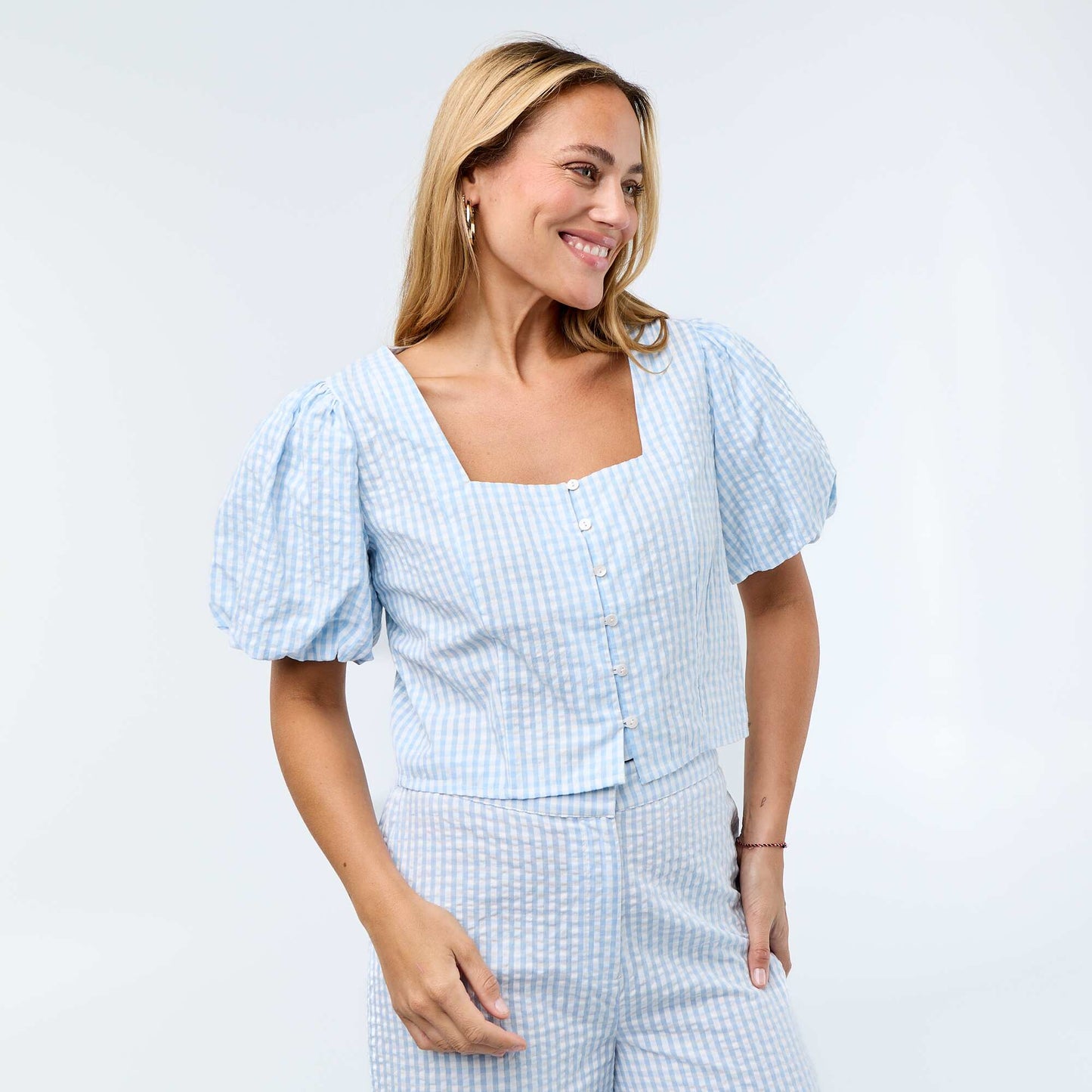 Chemisier cropped en maille gaufrée BLEU