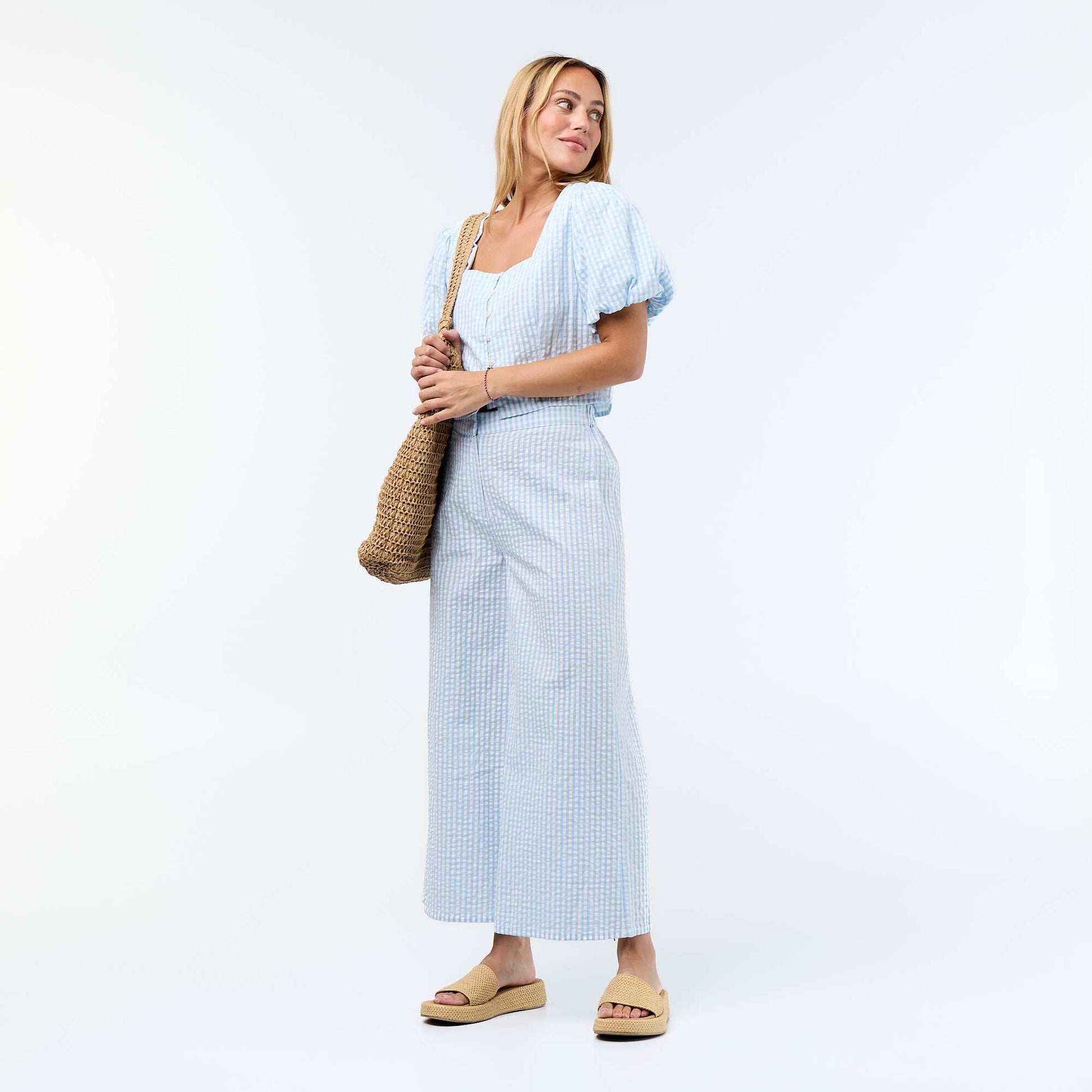 Chemisier cropped en maille gaufrée BLEU