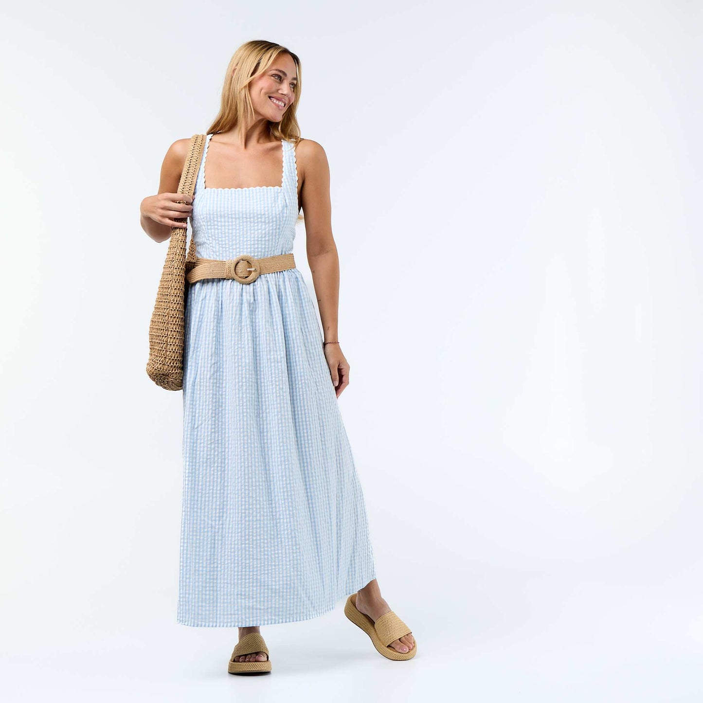 Robe longue maille gaufrée à bretelles croisées BLEU