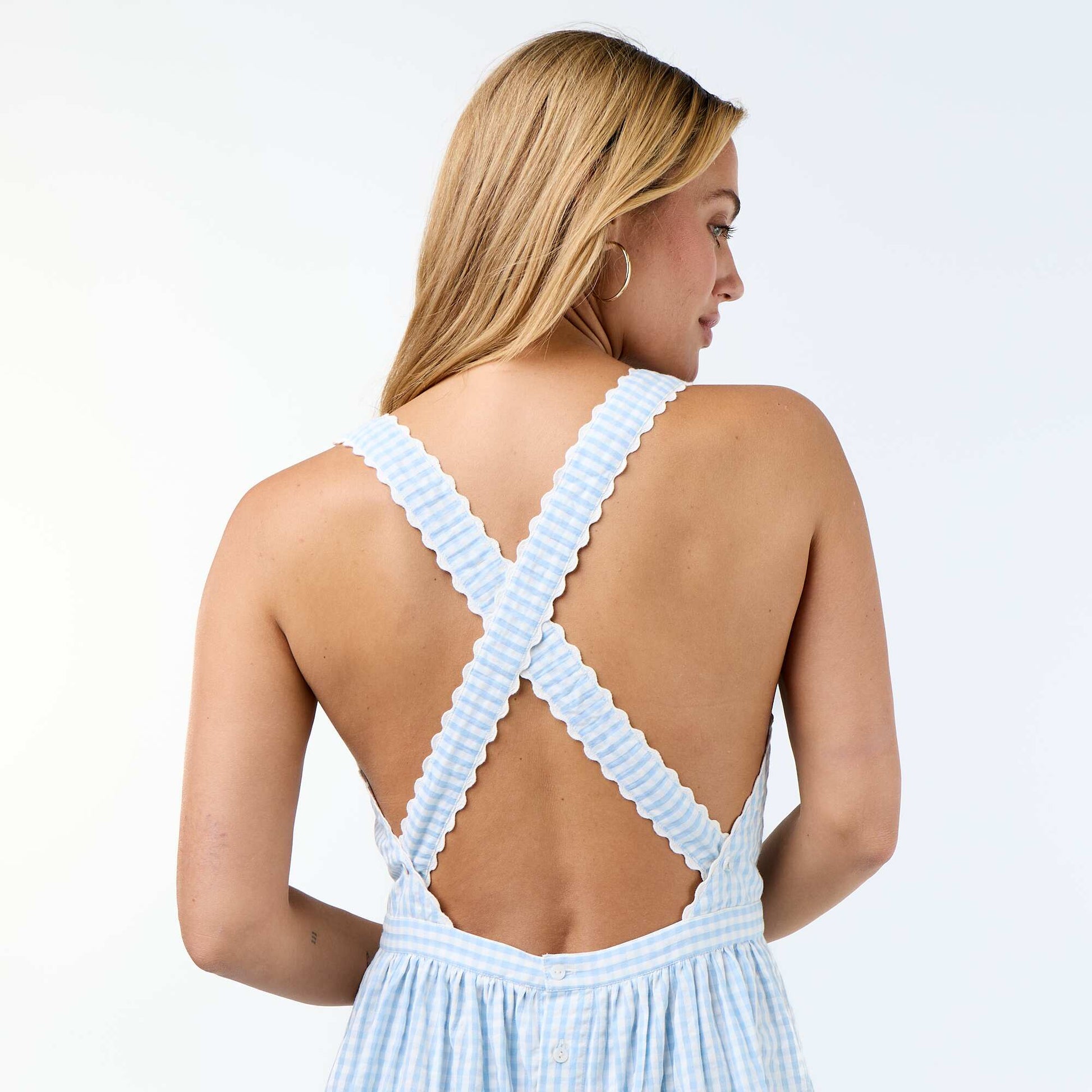 Robe longue maille gaufrée à bretelles croisées BLEU