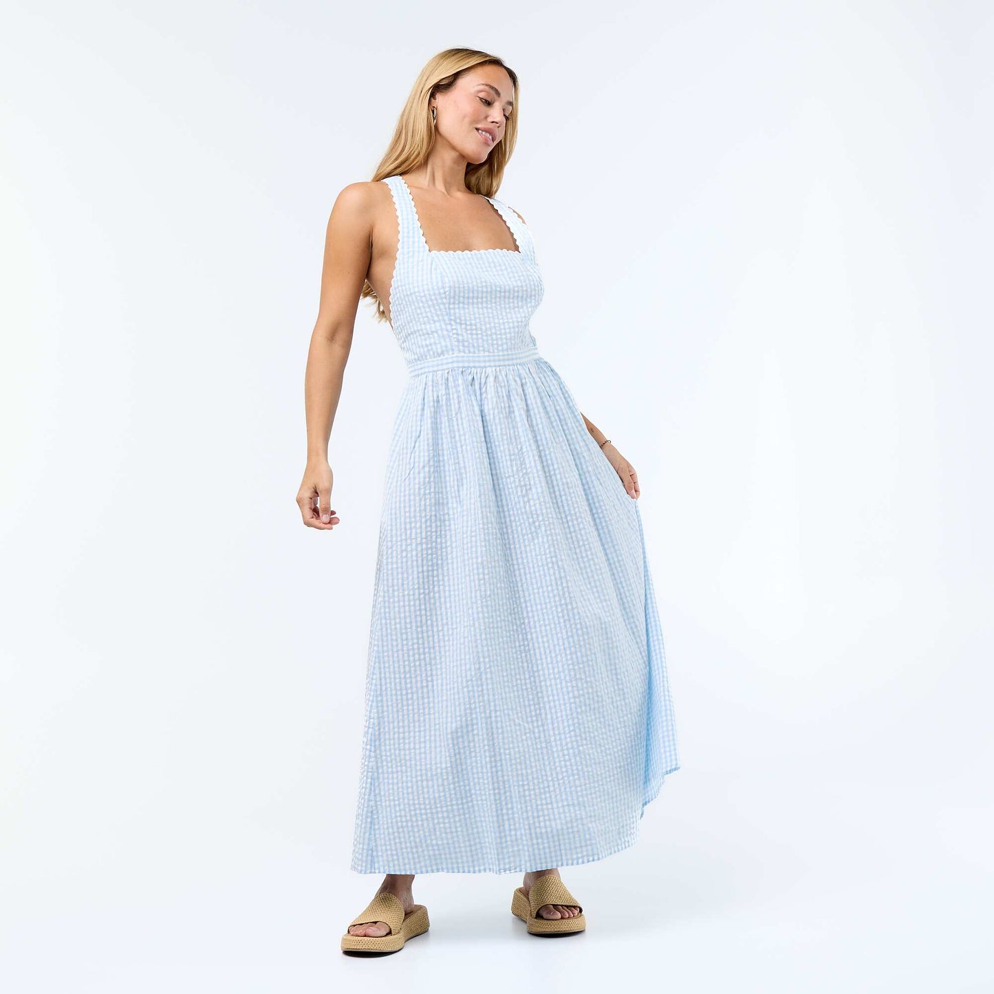 Robe longue maille gaufrée à bretelles croisées BLEU