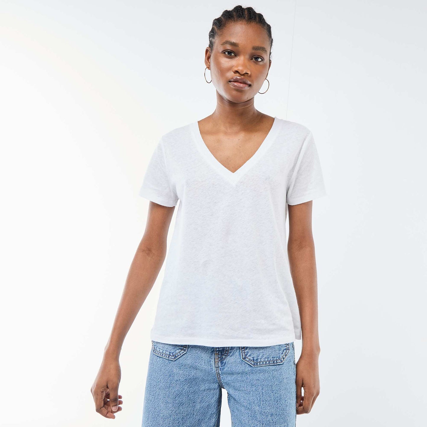 T-shirt basique à manches courtes col V BLANC