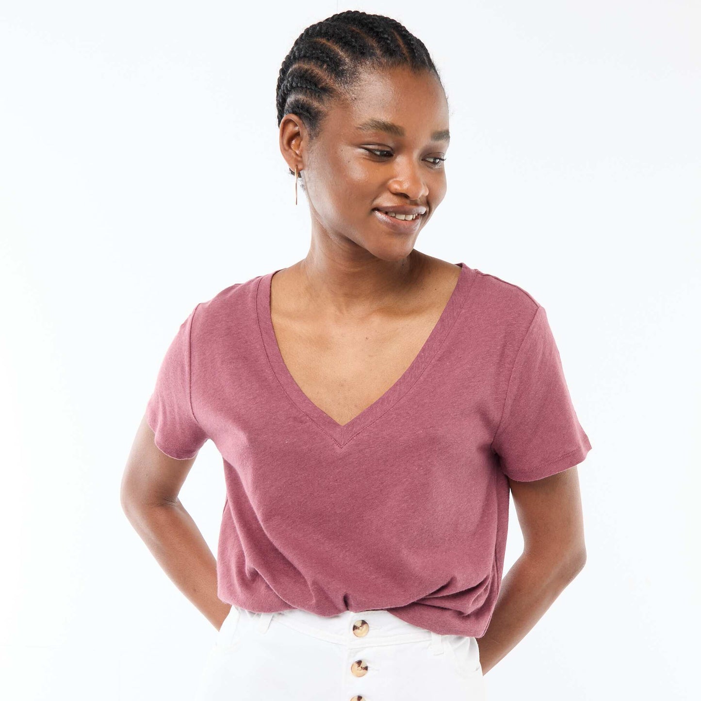 T-shirt basique à manches courtes col V ROSE