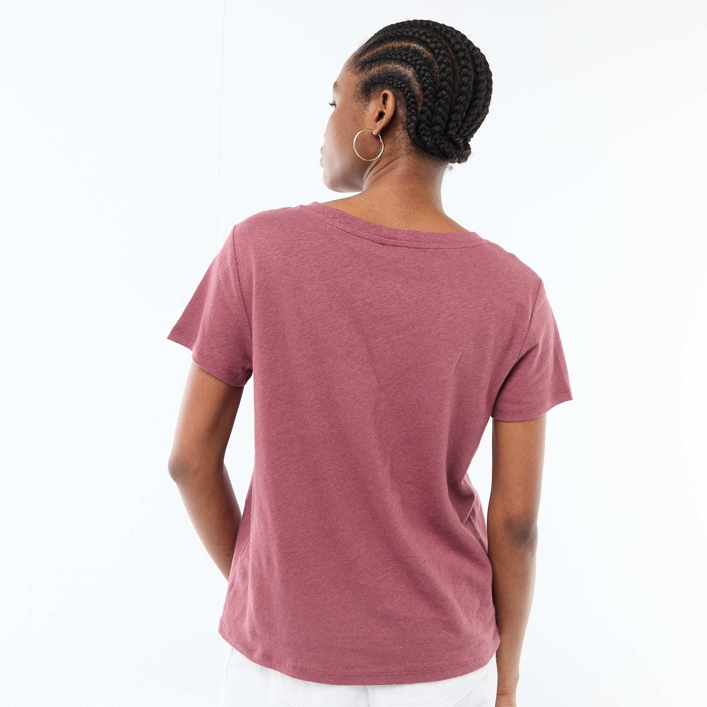 T-shirt basique à manches courtes col V ROSE