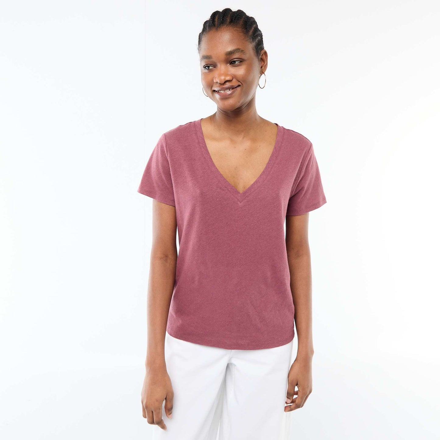 T-shirt basique à manches courtes col V ROSE