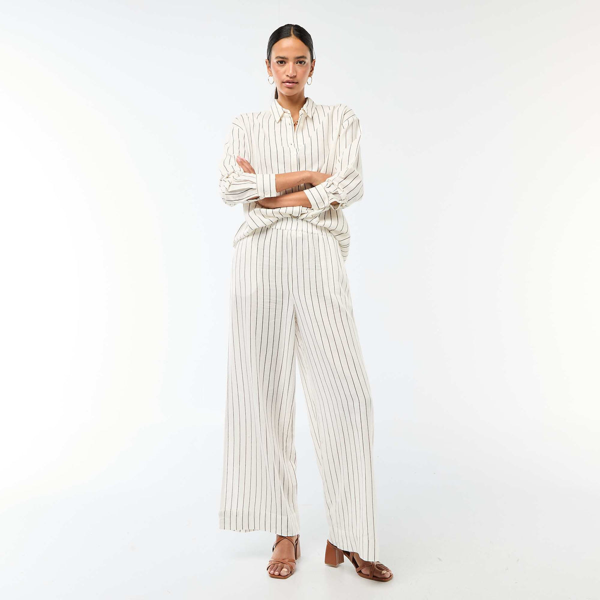 Pantalon palazzo femme en lin léger BLANC