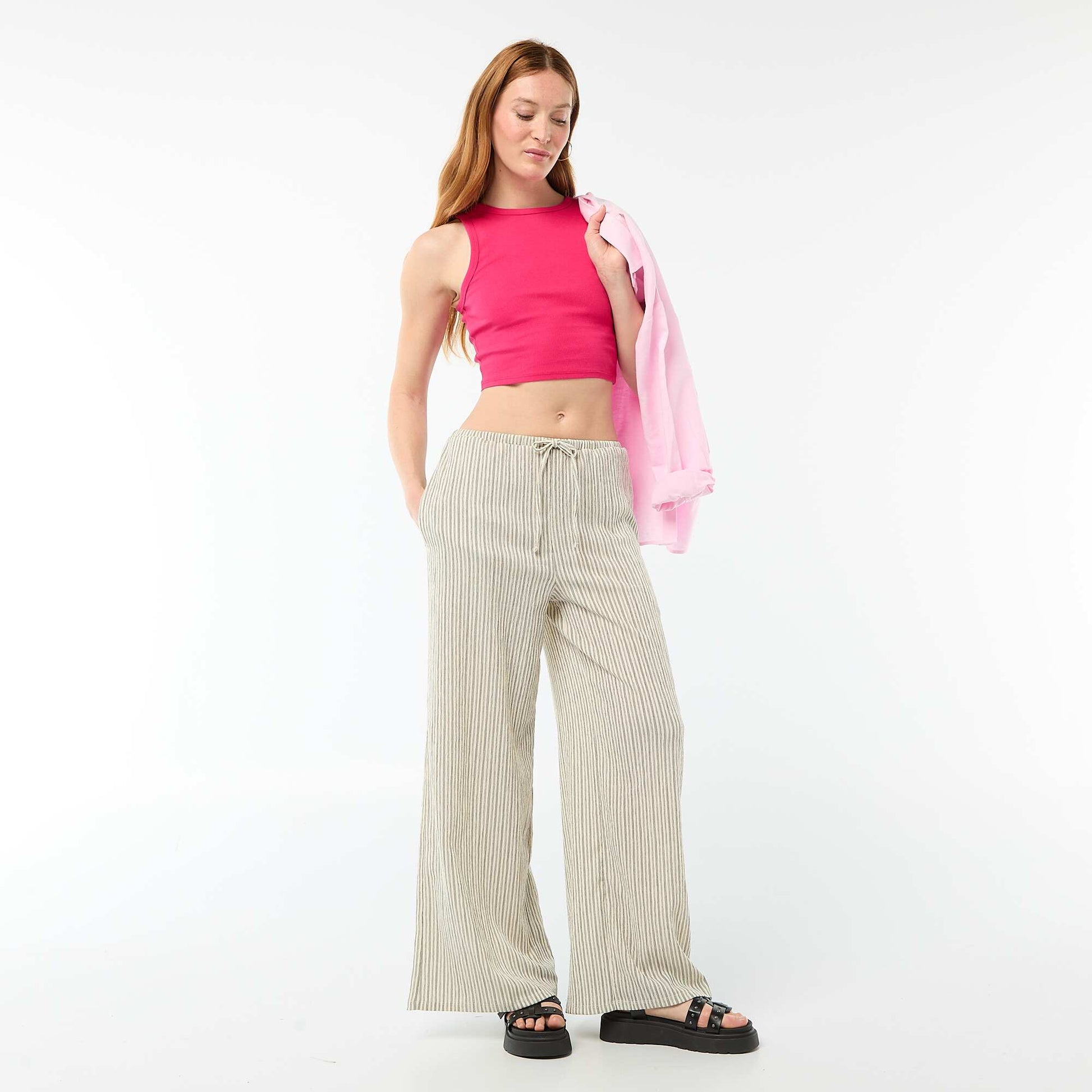 Pantalon femme large en maille crinkle BLANC