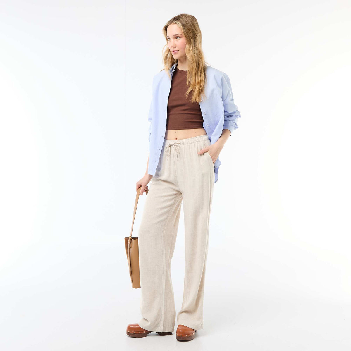 Pantalon large femme en lin à taille élastiquée BEIGE