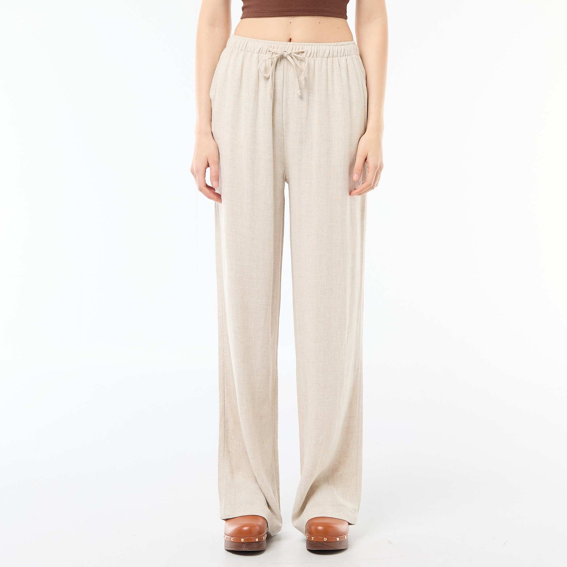 Pantalon large femme en lin à taille élastiquée BEIGE