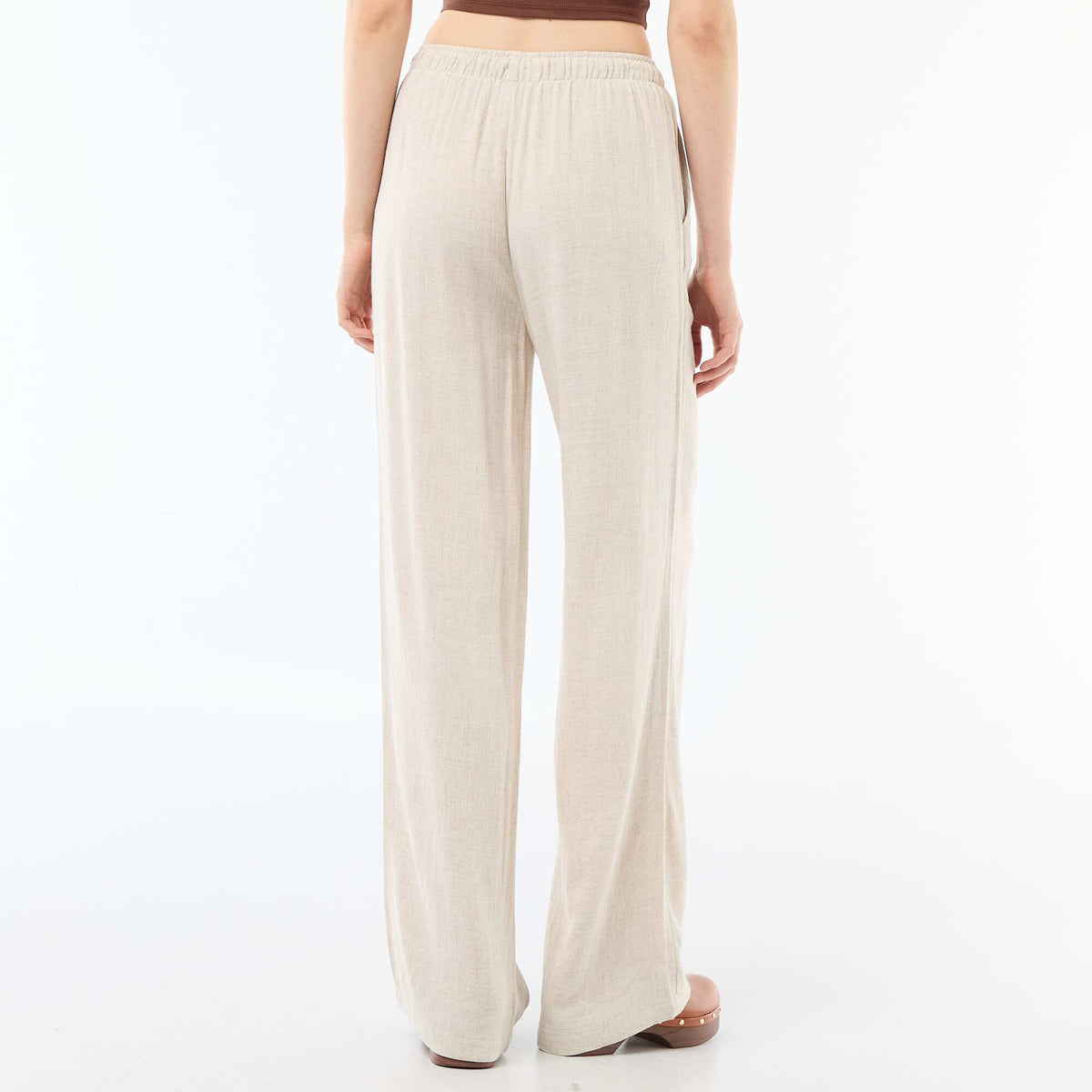 Pantalon large femme en lin à taille élastiquée BEIGE
