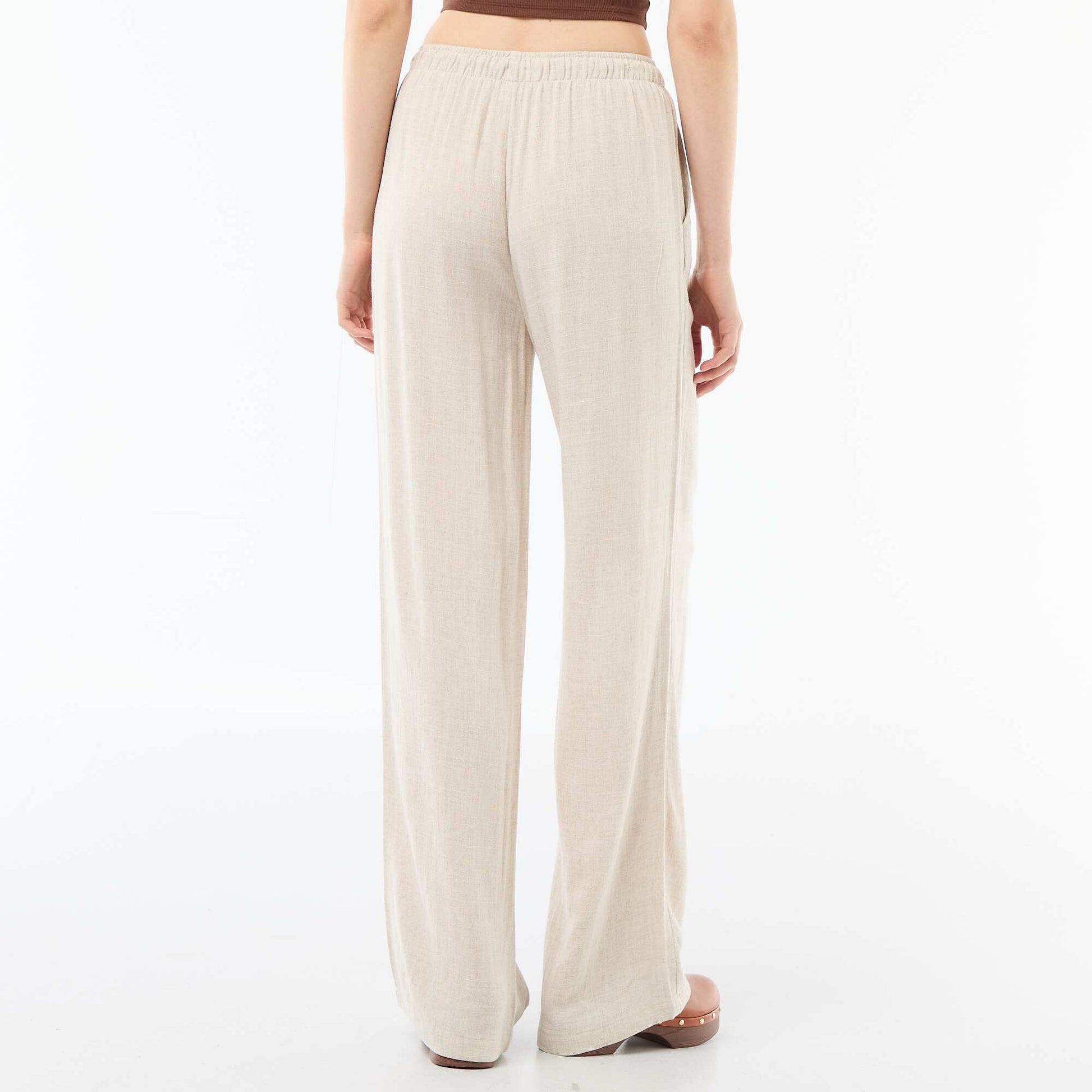 Pantalon large femme en lin à taille élastiquée BEIGE