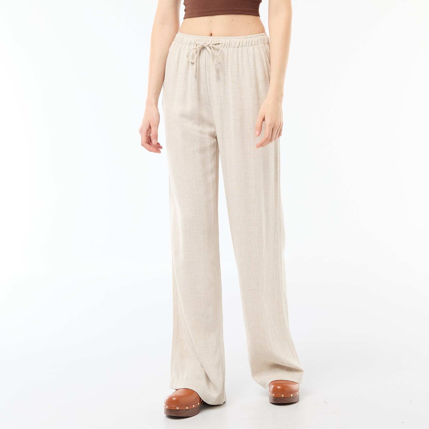 Pantalon large femme en lin à taille élastiquée BEIGE