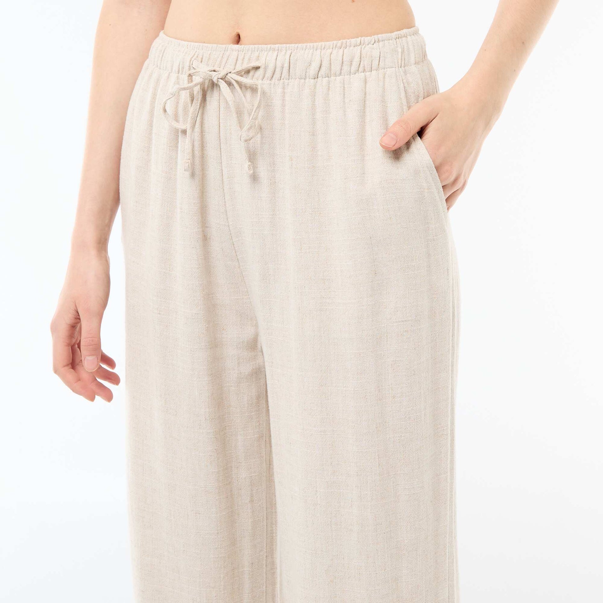 Pantalon large femme en lin à taille élastiquée BEIGE
